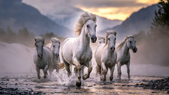 A herd of white horses runs through a shallow mountain river at sunset. Splashes fly around as they gallop in unison, framed by golden light and forested slopes in the background.