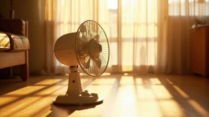 White desk fan in sunny room summer heat cooling