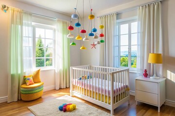 A colorful room with a crib and a toy house
