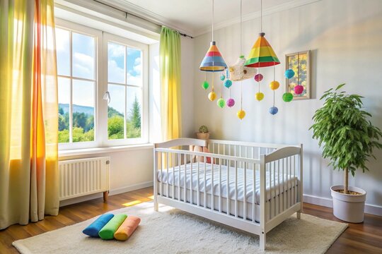 A colorful room with a crib and a toy house - Powered by Adobe