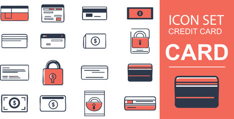 Collection of illustrations of credit card icons, shopping cards and paper checks. Suitable for apps, web and social media icons or print about banking and finance.