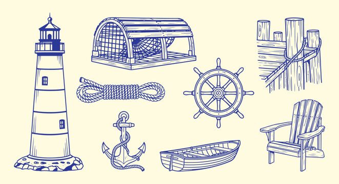Hand drawn nautical illustration set &ndash; lighthouse, lobster trap, rope, anchor, ship wheel, rowboat, pier pilings, Adirondack chair. Coastal maritime vibe for beach-house decor, poster, branding