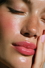 Naklejka premium extreme close-up of an woman’s face with glossy lips, flushed cheeks, natural dewy skin, and pastel pink manicure gently pressing her cheek, soft lighting, editorial skincare style