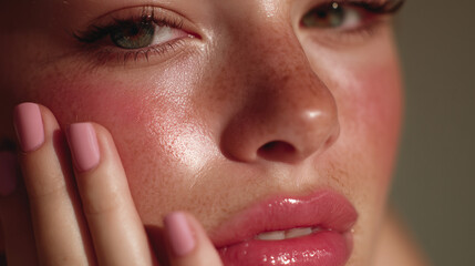 Naklejka premium extreme close-up of an woman’s face with glossy lips, flushed cheeks, natural dewy skin, and pastel pink manicure gently pressing her cheek, soft lighting, editorial skincare style
