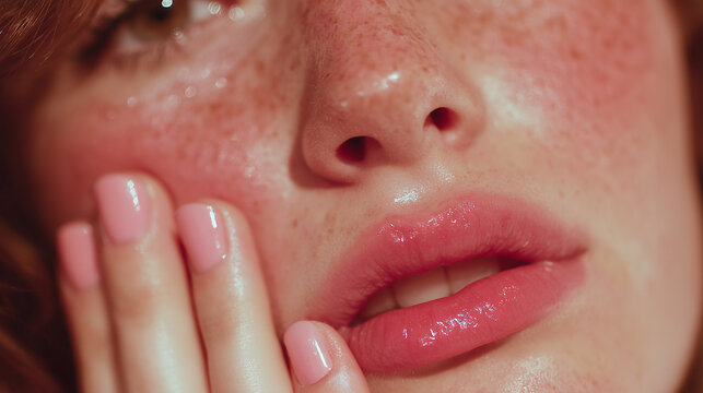  extreme close-up of an woman&rsquo;s face with glossy lips, flushed cheeks, natural dewy skin, and pastel pink manicure gently pressing her cheek, soft lighting, editorial skincare style