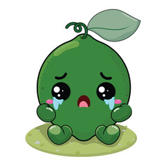 Sad And Crying Lime Cartoon Character With Wound On His Body Sitting On The Green Grass