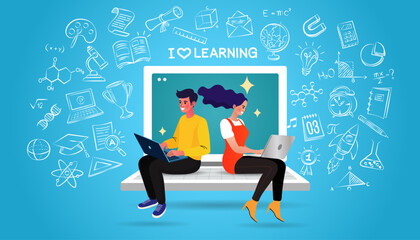 Online education concept. Welcome back to school. Flat design pattern with child. Laptop with educational app in the screen. E-learning platform. Distance lessons, video course, internet class. vector