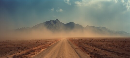 Fototapeta premium Vast panoramic desert landscape with distant mountains and a straight road leading to the horizon, featuring dust clouds, dry terrain, and atmospheric particles under a muted, cinematic tone