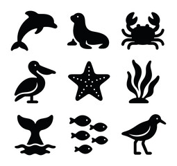 Ocean Wildlife Icons. Solid, filled icons set of cliff and ocean wildlife: dolphin, seal, crab, pelican,