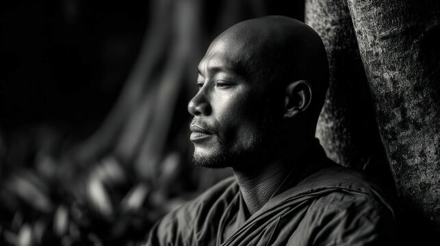 Contemplative buddhist monk rests against tree in peaceful forest