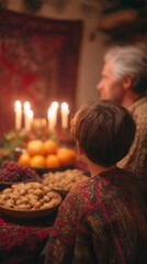 Candlelit feast with Middle-Eastern boy and elder delighting in Yalda Night, succulent fruit, whispers of ancient tales
