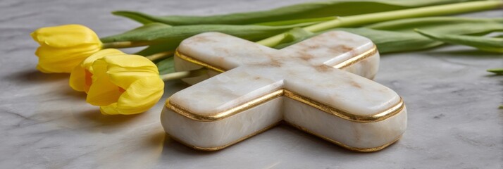 Marble cross with golden accents rests amid vibrant tulips, symbolizing renewal and solemnity, embodying Easter and Spring Equinox