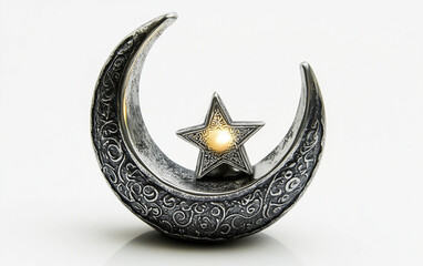 A decorative silver candle holder shaped like a crescent moon and star Isolated on white Background