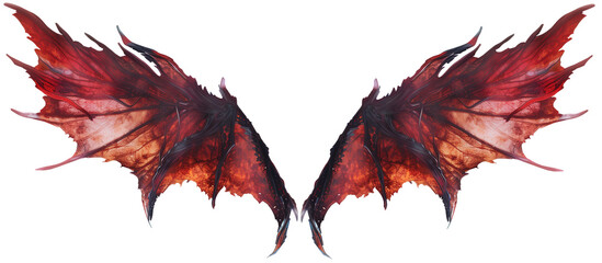 A pair of striking red and black dragon-like wings with intricate textures and sharp edges, set against a plain white background.