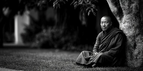 Meditative monk sits beneath a tree in early morning sunlight