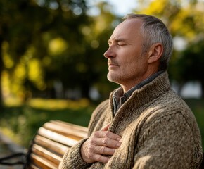 Mature man relaxing on a bench in the Park with closed eyes
