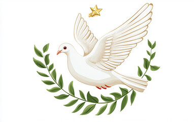 A white pigeon in mid-flight holding an olive branch symbolizing peace Isolated on white Background