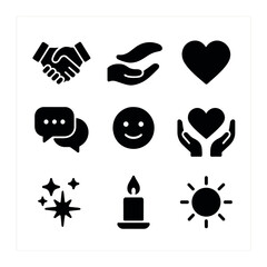 Icons of Trust. Solid, filled icons set of reconnecting and building trust: trust icon, caring wave, open