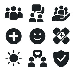 Healing and Support Icons. Solid, filled icons set of group support and shared healing: group icon, shared