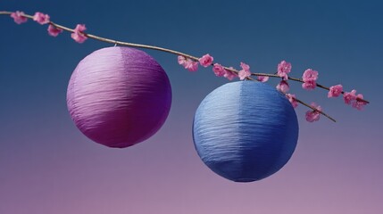 Two celestial lanterns dangle from a cherry blossom branch, celebrating Hanami and illuminating dreams beneath twilight's whispering hues