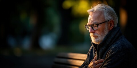 Senior man with beard sits alone on bench in Park at Sunset