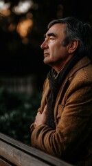 Fototapeta premium Elderly man rests on a bench in Park during Autumn Day