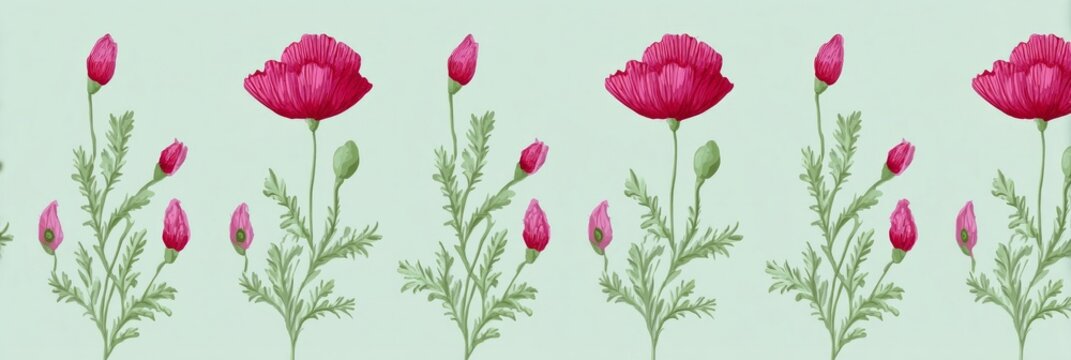 Delicate watercolor poppies bloom in rhythmic harmony, evoking Beltane renewal and Latvian Jani midsummer festivity celebrations