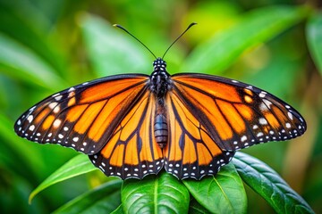 Fototapeta premium A large orange butterfly sits on a leaf