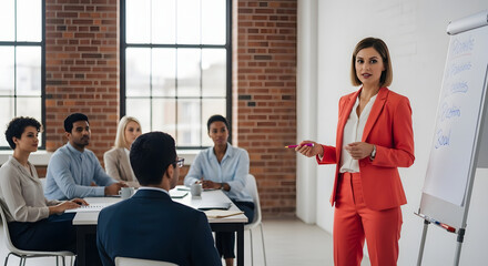 Professional Businesswoman in Bright Red Suit Giving Presentation in Modern Office