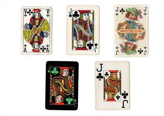 A vintage playing card in different designs isolated on a white background.