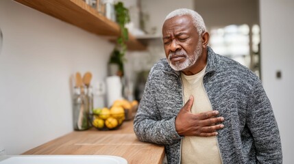 African American man experiences chest pain in his kitchen