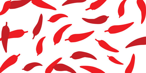 Flat-style red chili peppers with diverse curves and lengths, arranged neatly over a white background. Great for culinary graphics, recipe apps, or restaurant branding materials.