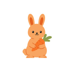 Adorable orange bunny holding a bright orange carrot with green leaves.