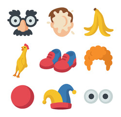 Naklejka premium Visual Humor Icons. Flat icon set of visual humor: goofy glasses, pie in face, banana peel, rubber chicken,