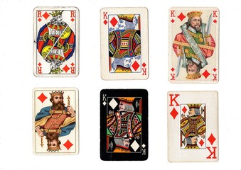 A vintage playing card in different designs isolated on a white background.