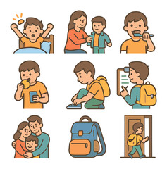 School Morning Routine. Flat icon set of school morning routine: wake-up icon, dressing child, brushing teeth,