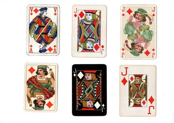 A vintage playing card in different designs isolated on a white background.
