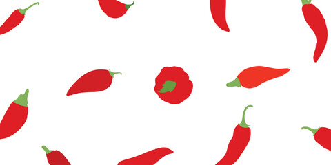A collection of flat red chili illustrations in various shapes and sizes, displayed on a clean white background. Perfect for food icons, web, or spice-themed designs.
