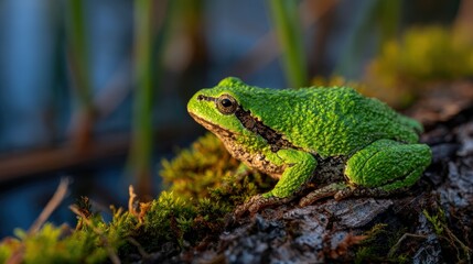 Fototapeta premium Pacific tree frog resting on a moss covered log