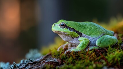 Naklejka premium European tree frog sits on mossy wood in a forest environment