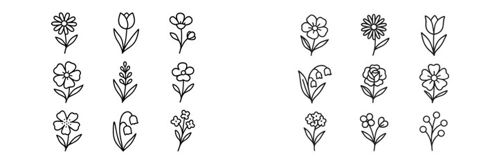 Diverse collection of hand-drawn floral illustrations featuring various flower types arranged in a grid pattern