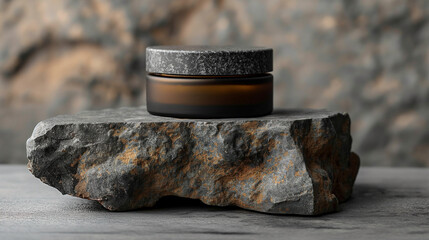Minimalist dark glass cosmetic jar with stone-textured lid on rugged rock slab. Ideal for luxury skincare and men's grooming branding.