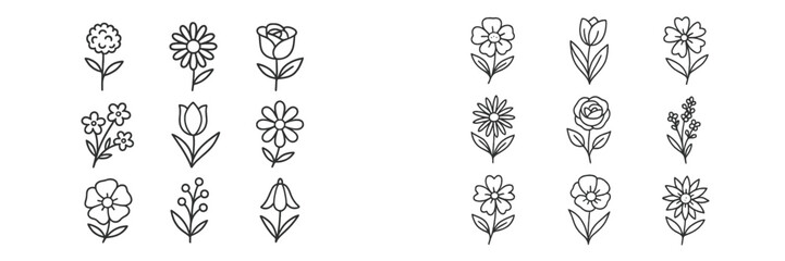 Various hand-drawn floral designs featuring different types of flowers in simple outlines on a white background