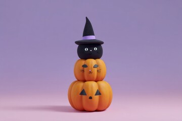 Stacked jack-o'-lanterns with adorable black cat topper, whimsical witchy charm, ideal for Samhain celebrations and quirky Halloween decor