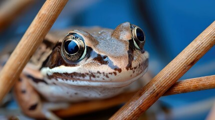 Close up of a common frog in reeds against a blue background