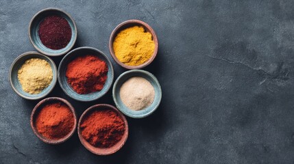 Assorted vibrant spices in rustic bowls conjure the essence of Diwali and culinary adventures, painting flavors in shadowy symphony