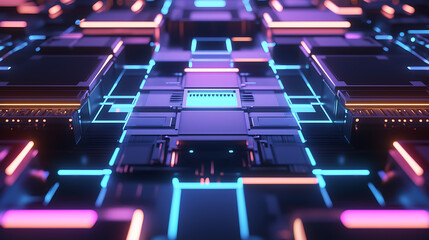 A computer chip is shown in a neon color scheme