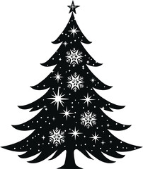 Obraz premium Black Christmas tree silhouette with snowflakes and stars.