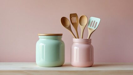 Pastel kitchen utensils in ceramic jars on wooden shelf