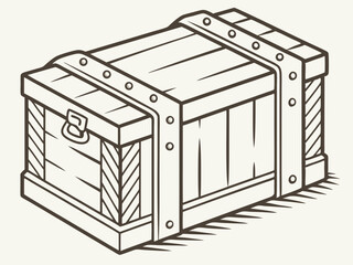 Illustration of wooden packaging box with metal straps and latch, vintage style, copy space